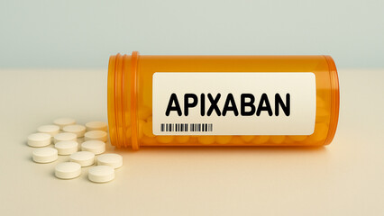 Box of APIXABAN tablets on a hospital pharmacy table used to prevent blood clots and stroke an oral...