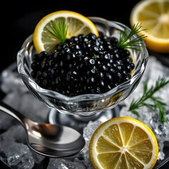 Premium Black Caviar in Crystal Dish with Lemon and Dill