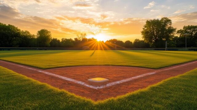 A baseball field with a red dirt base and a white line. The sun is setting in the background