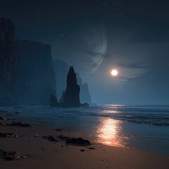 Alien beach at night with a large planet, sunlit waves