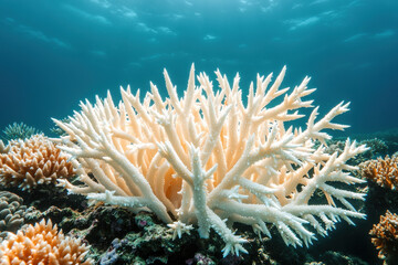 Stark white bleached coral reef displays its dying state underwater, poignant environmental consequence of climate change
