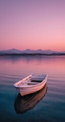 Naklejka premium Calm white boat on still lake, pink sunrise