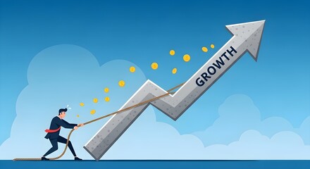 Businessman pulling rope attached to upward trending growth arrow with coins floating
