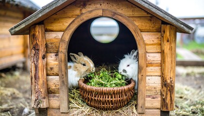 Rabbits in a wooden house