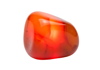 A vibrant, polished carnelian gemstone, showcasing a rich orange-red hue against a stark black background, displays a smooth, rounded shape and intricate internal patterns.