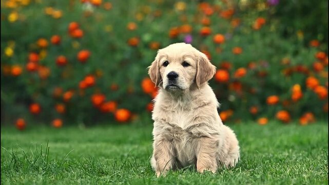 little puppy 1 month old golden retriever dog sits on the grass in summer near flowers. summer walk with dog - Powered by Adobe