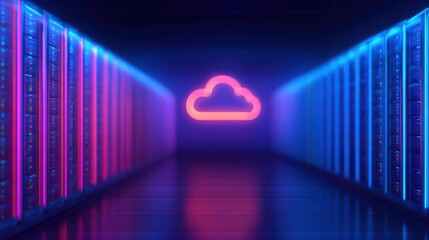 Fototapeta premium Cyber Cloud Data Center: A server rack in a data center, with a vibrant cloud icon. Perfect for illustrating concepts of technology, computing, and digital infrastructure. Generative Ai