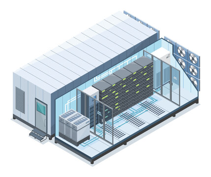 POD edge data center modular with industrial servers cooling system and monitoring equipment in secure facility
