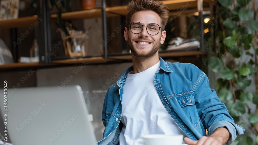 Poster a young man is sitting at a table with a laptop in front of him. he is smiling and he is enjoying hi
