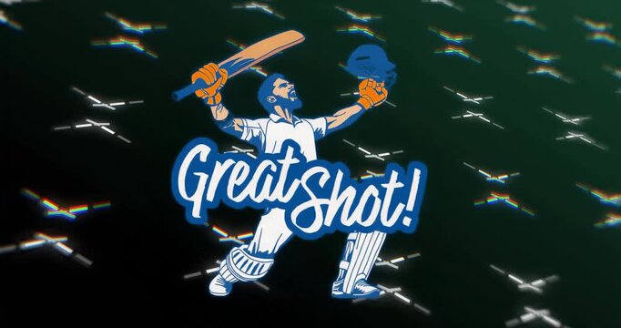 On start glowing grid squares pulsing, fading around 3D batsman raising bat celebrating great shot