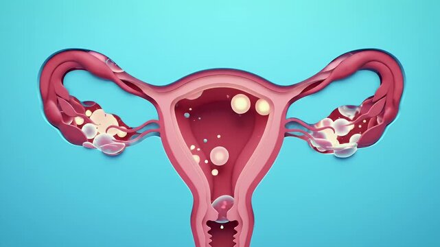 Detailed Animation of Polycystic Ovary Syndrome (PCOS) Displaying Cysts on the Uterus and Ovaries on Light Blue Background for Medical Education and Awareness of Hormonal Imbalance