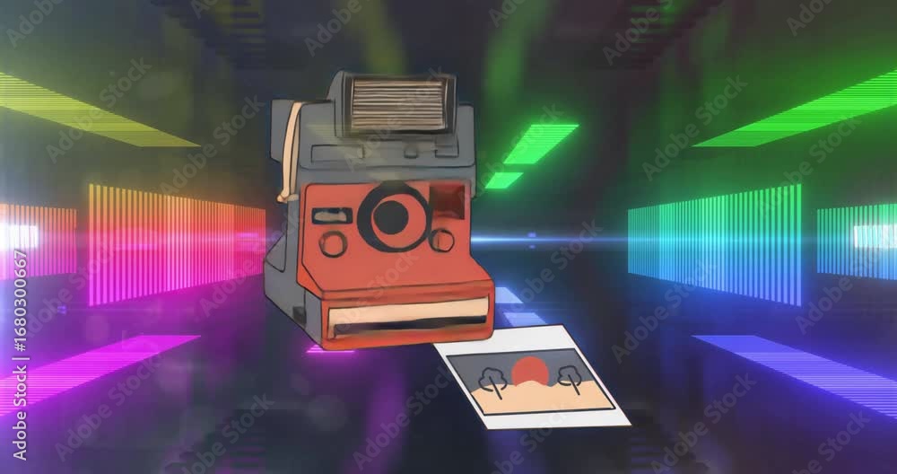 Poster blank sheet emerging from instant camera revealing red graphic while neon bars pulsing forward