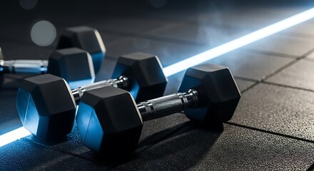 Photo of a set of heavy black dumbbells rests on a dark gym floor with dramatic blue lighting