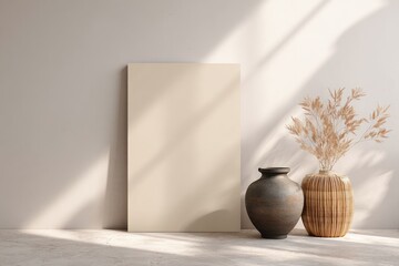 Minimalist display with beige canvas, 2 vases, and dried plants