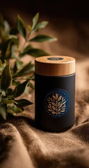 Dark-blue canister with light-brown lid, tea leaves graphic, on burlap cloth, greenery