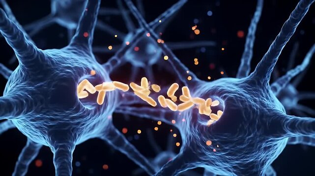Detailed Close Up View of Synapse Activity with Flowing Neurotransmitters in a Dark Blue Neural Network Perfect for Science, Research and Education Visualizing Medical and Biological Processes