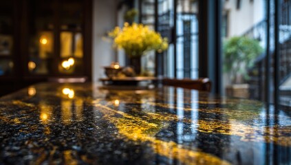 Polished black granite countertop, reflecting light, blurred interior