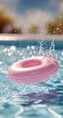 Pink donut-shaped inflatable toy splashing in a pool