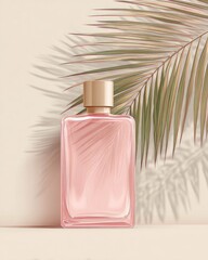 Pink perfume bottle, light beige background, tropical leaf shadow