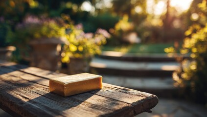 Golden soap bar on rustic wooden bench outdoors, garden setting