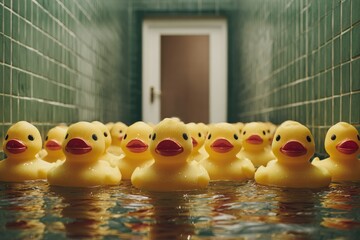 Yellow rubber ducks in a tiled hallway