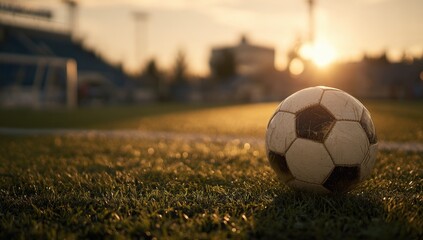 Soccer ball on a field at sunset