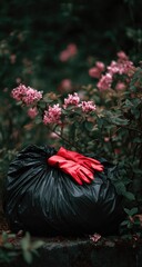 Black garbage bag with red gloves resting on it, surrounded by pink flowers