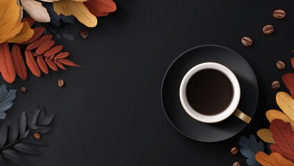 Autumnal coffee scene on dark background