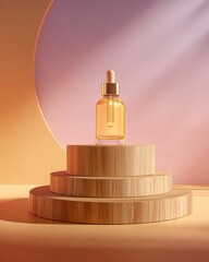 Amber serum bottle on wooden podiums