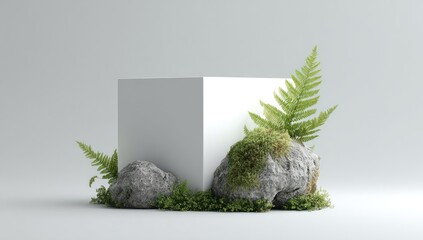 White cube pedestal with rocks and ferns on a light gray background