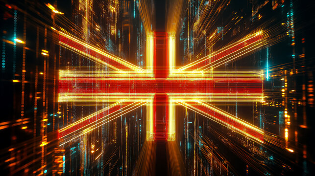 Futuristic United Kingdom Flag Glowing Neon Grid Technology Representation Design
