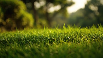 Close-up of vibrant green grass bathed in sunlight.  Blurred background of trees and foliage