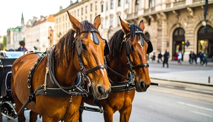 Obraz premium Two brown horses pulling a carriage in a city street (1)