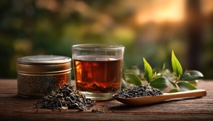 Dark tea in glass, loose leaf, tin, wooden spoon, nature background