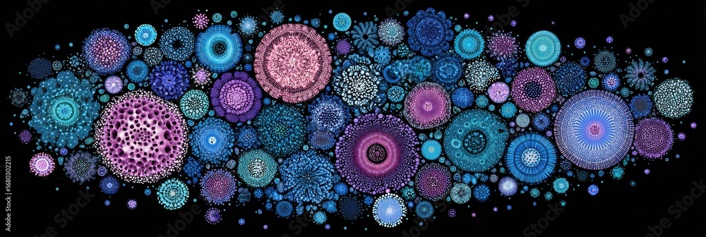 Poster colorful abstract pattern of circular shapes in various sizes creating a vibrant composition on a da