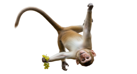 Isolated Monkey Hanging Upside Down with Grapes