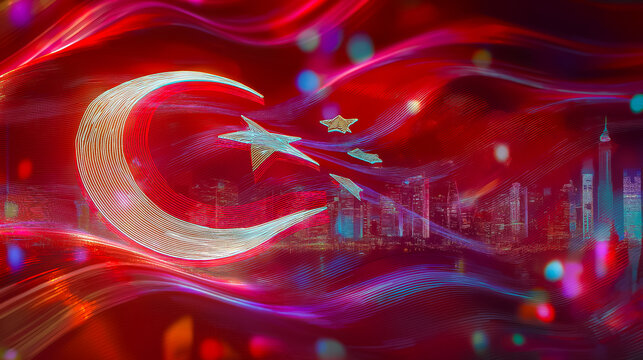 Turkey Flag Crescent Moon Star Cityscape Patriotic Abstract Illustration