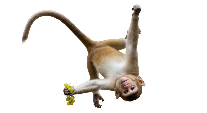Isolated Monkey Hanging Upside Down with Grapes