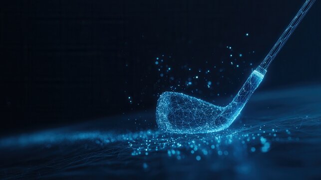 Futuristic digital golf club shattering into blue particles on dark background
