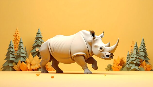 A white rhinoceros, digitally rendered, positioned in a landscape of origami-style trees and leaves, set against a soft yellow-orange background.  A sense of tranquility and quiet strength - Powered by Adobe