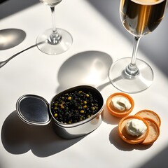 Elegant Caviar with Blinis, Crème Fraîche, and Champagne on Black Backdrop