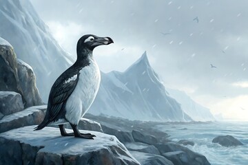great auk standing on rocky arctic coast, cold atmosphere