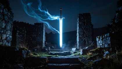 Glowing sword in ancient ruins at night