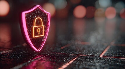 Cyber security shield with lock icon for data protection and online safety