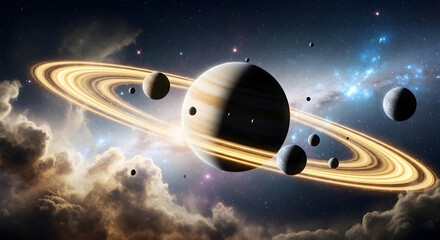 Epic Cinematic Space Art of a Giant Planet with Glowing Rings and Moons