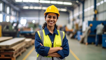 Smiling woman in factory uniform