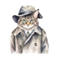 Detective Cat A feline in a trench coat and fedora watercolor style