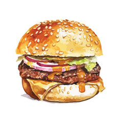 Double patty burger with red onion and lettuce topped with sesame seed bun
