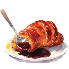 Dripping Chocolate on a Golden Croissant with Spoon on a White Plate