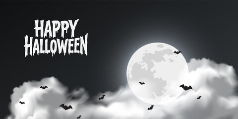 Happy Halloween black background with full moon and bat flying,  Smoke clouds above black surface. dark river splashing in scary smog, mysterious. night Halloween design for decoration, ads, poster. © bodonk